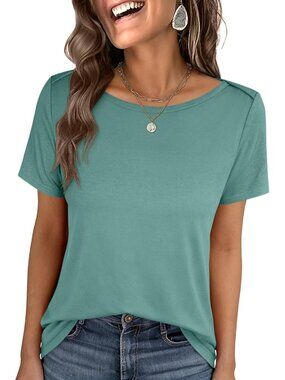 Women's Green Boat Neck Tops Short Sleeve T-Shirts Causal Fashion Clothes